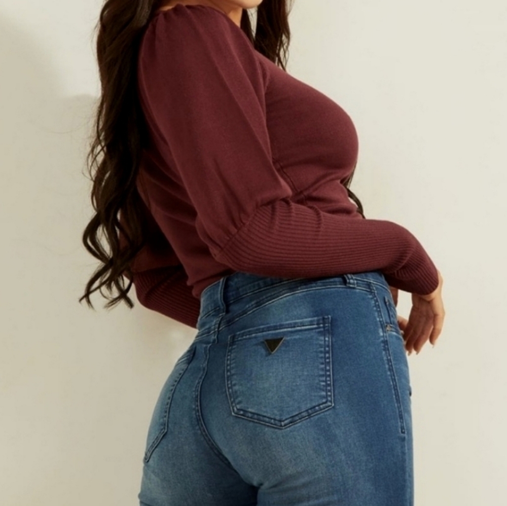 💠Guess Layla Puff Sleeve Cropped Sweater Cinch Drawstring Front Ribbed Pullover - Picture 3 of 13
